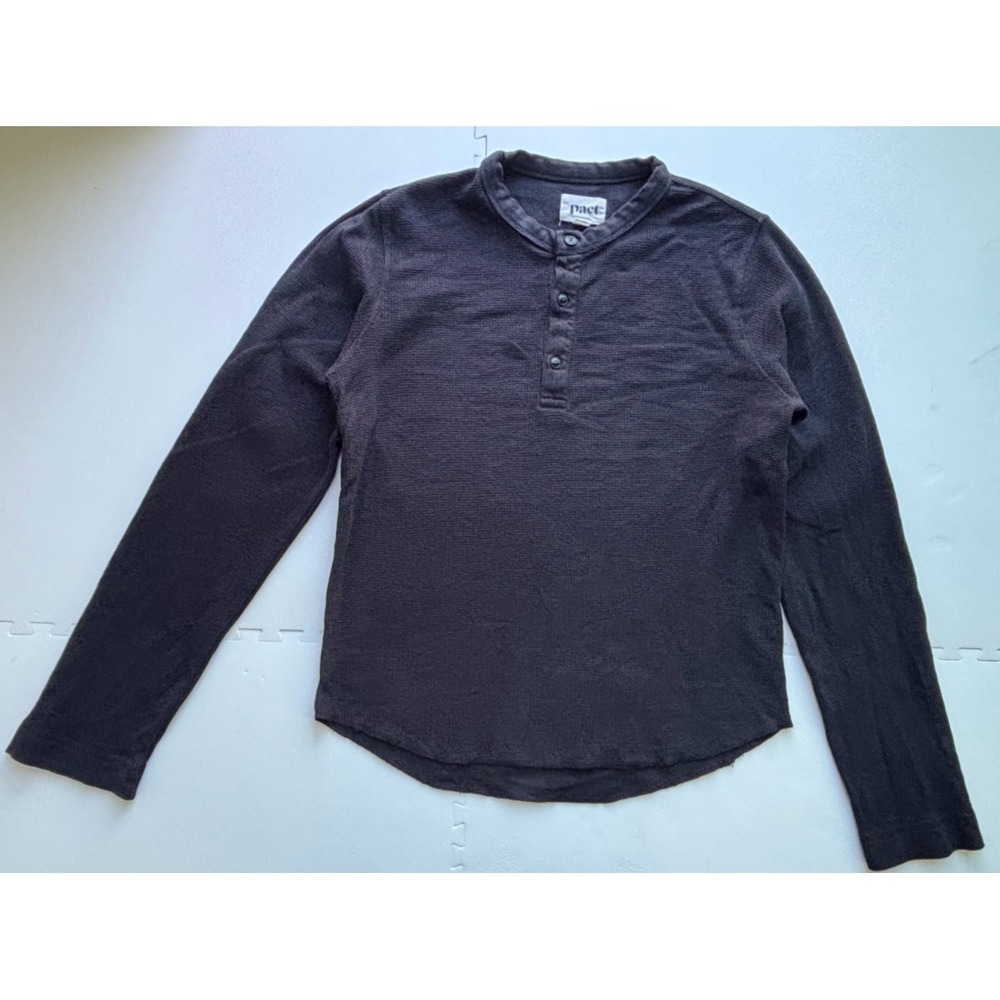 PACT Womens Thermal Henley Shirt Top Waffle Sustainable Organic-Size S Blk
